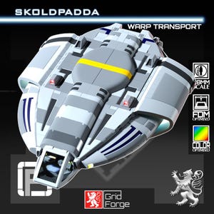 May include: A futuristic, gray and white spaceship model with blue and yellow accents. The model is labeled "SKOLDPADDA" and "WARP TRANSPORT". The image also includes the Grid Forge logo and other icons.