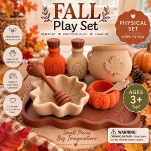 May include: A fall-themed sensory play set featuring a brown tray, a beige leaf-shaped bowl, a brown honey dipper, two small bottles with pumpkin and mushroom icons, a beige cauldron with a leaf, and a small orange pumpkin bowl with a spoon.