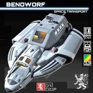 May include: A futuristic, gray and white spaceship model with the text "BENOWORF" and "SPACE TRANSPORT". The model has a detailed design with multiple windows, a central cockpit, and wing-like structures. The image also includes logos and icons.