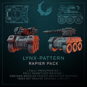May include: A Lynx-Pattern Rapier Pack featuring two gray miniature wheeled combat vehicles with turret-mounted weapons. The image includes technical blueprints, the text LYNX-PATTERN RAPIER PACK, and details regarding support, magnetization, and kit contents.