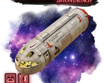 May include: A cylindrical white spacecraft model with red accents, featuring a cockpit with visible interior lighting, the text 20-TON LAUNCH, SS-BENJAMINEN, and FDM OPTIMISED 28MM SCALE icons. The vessel has a detailed exterior hull with panel lines.