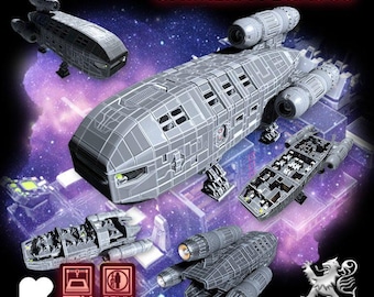 May include: A grey Chimera Pegasus spaceship model featuring multiple views of the craft, including a top-down perspective, a side profile, and an interior layout. The design includes cylindrical engines and a detailed hull structure.