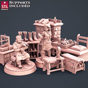 May include: A collection of 3D-printed miniatures depicting a medieval shoemaker's workshop. The scene includes figures, furniture, tools, and boots. The miniatures are in a light pink color and are set against a dark gray background. The text "SUPPORTS INCLUDED" and "STL Miniatures" is visible.