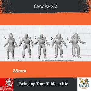 Può includere: Una collezione di cinque miniature da 28 mm, etichettate dalla A alla E, in varie pose. Le figure sono grigie e sembrano personaggi di fantascienza o futuristici. Il testo "Crew Pack 2" è in alto.