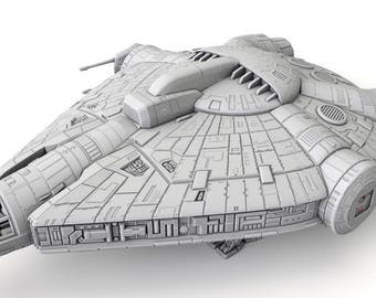 May include: A light gray plastic model of a spaceship featuring a circular main hull with intricate paneling, a cockpit extending from the front, and rear engine thrusters. The surface is covered in detailed mechanical textures and geometric shapes.