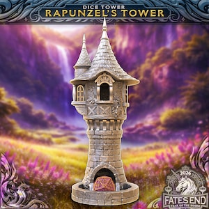 May include: A stone-textured dice tower with the text "Rapunzel's Tower" and a decorative top. The tower has a small arched opening at the base and a windowed structure at the top. A large, multi-sided die is visible inside the base. The background features a waterfall and flowers.