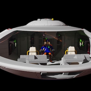 以下が含まれることがあります： 円盤型の宇宙船内部の3Dデジタルレンダリング。中央のパイロット席には青とオレンジの制服を着た人物が座っている。コックピットには2つの白い乗客用シートと、緑色のライトが点灯したコントロールコンソールが備わっている。