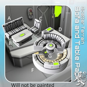 May include: A collection of unpainted miniature furniture pieces, including a sofa, table, and chairs. The pieces are primarily gray with green and gold accents. The text "Sofa and Table Pack" is visible. The text "Will not be painted" is also visible.