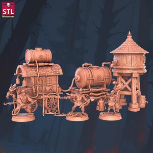 May include: A monochromatic peach-colored tabletop miniature set featuring a firefighting wagon with a large tank, a separate water tower on a wooden frame, and three firefighter figures. The scene includes hoses, tools, and a small barrel.