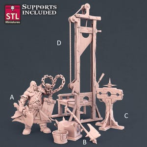 May include: A collection of 3D-printed miniatures, including a figure with a weapon, a guillotine, a chopping block, and other medieval torture devices. The miniatures are in a light brown color and are labeled with letters A, B, C, and D. The text "SUPPORTS INCLUDED" and "STL Miniatures" are visible.