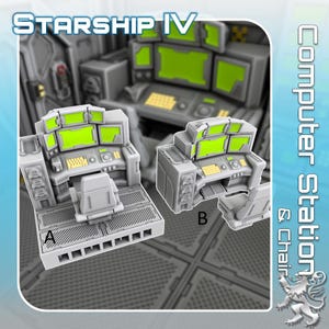Può includere: Due postazioni computer grigie con più monitor a schermo verde, tastiere e sedie. Il testo "STARSHIP IV" e "Computer Station & Chair" sono visibili. Una postazione è etichettata "A" e l'altra "B".