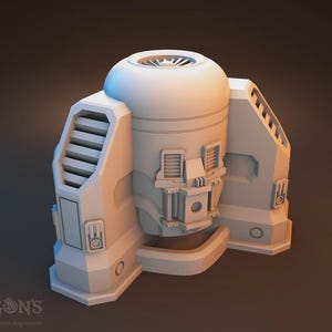 May include: A white, futuristic-looking structure with a rounded top and multiple rectangular vents. The design features a central cylindrical body with detailed panels and a base. The overall aesthetic suggests a sci-fi or industrial theme.
