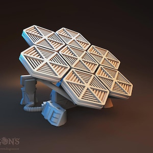 May include: A futuristic, geometric sculpture with a series of interconnected hexagonal panels. Each panel features a repeating triangular pattern. The structure is primarily white with light blue accents and is mounted on a gray base. The Dragon's Rest logo is visible.