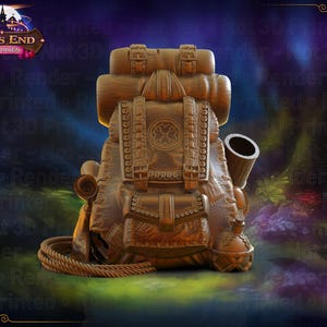 May include: A detailed, brown backpack with multiple compartments, straps, and a rolled-up item on the side. A rope is coiled at the base. The backpack has a circular emblem and a pipe-like object. The logo "Fates End Furhaven" is at the top.