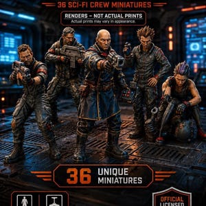 May include: A set of 36 sci-fi crew miniatures titled Sleipnir Crew, featuring five detailed figures in tactical gear and futuristic clothing. The image includes text labels for 28mm scale, STL optimised, and notes that these are digital renders.
