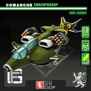 May include: A green Comanche Dropship UD-25M model featuring a cockpit with light blue windows, dual missile pods with orange tips, and white air intakes. The model displays the number 101 on the fuselage and wings, with Grid Forge branding.