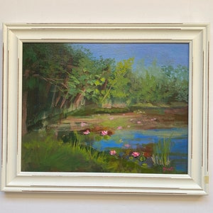 Water Lilies Original Painting, Lotus Flower Framed Acrylic Painting, Claude Monet Pond Wall Art, Colorful Impressionist Trees  Landscape