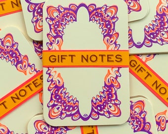 Orange/purple Victorian style gift notes, riso printed
