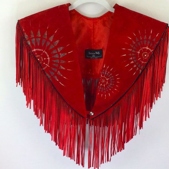 Patricia Wolf shawl vest collar Red suede