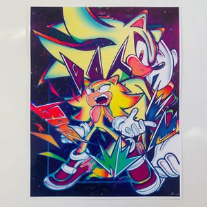 May include: A vibrant art print featuring a stylized, yellow-furred character with spiky hair and red shoes in a dynamic pose. The background is a dark, cosmic space theme with colorful, sharp geometric shapes and bold, angular lines surrounding the figure.