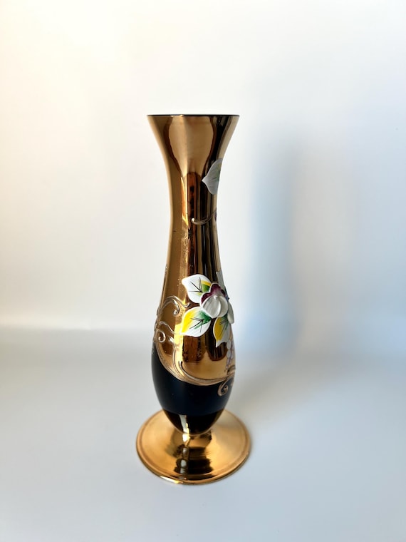 Vintage Czech Bohemia Glass Vase With Raised Enamel Decoration