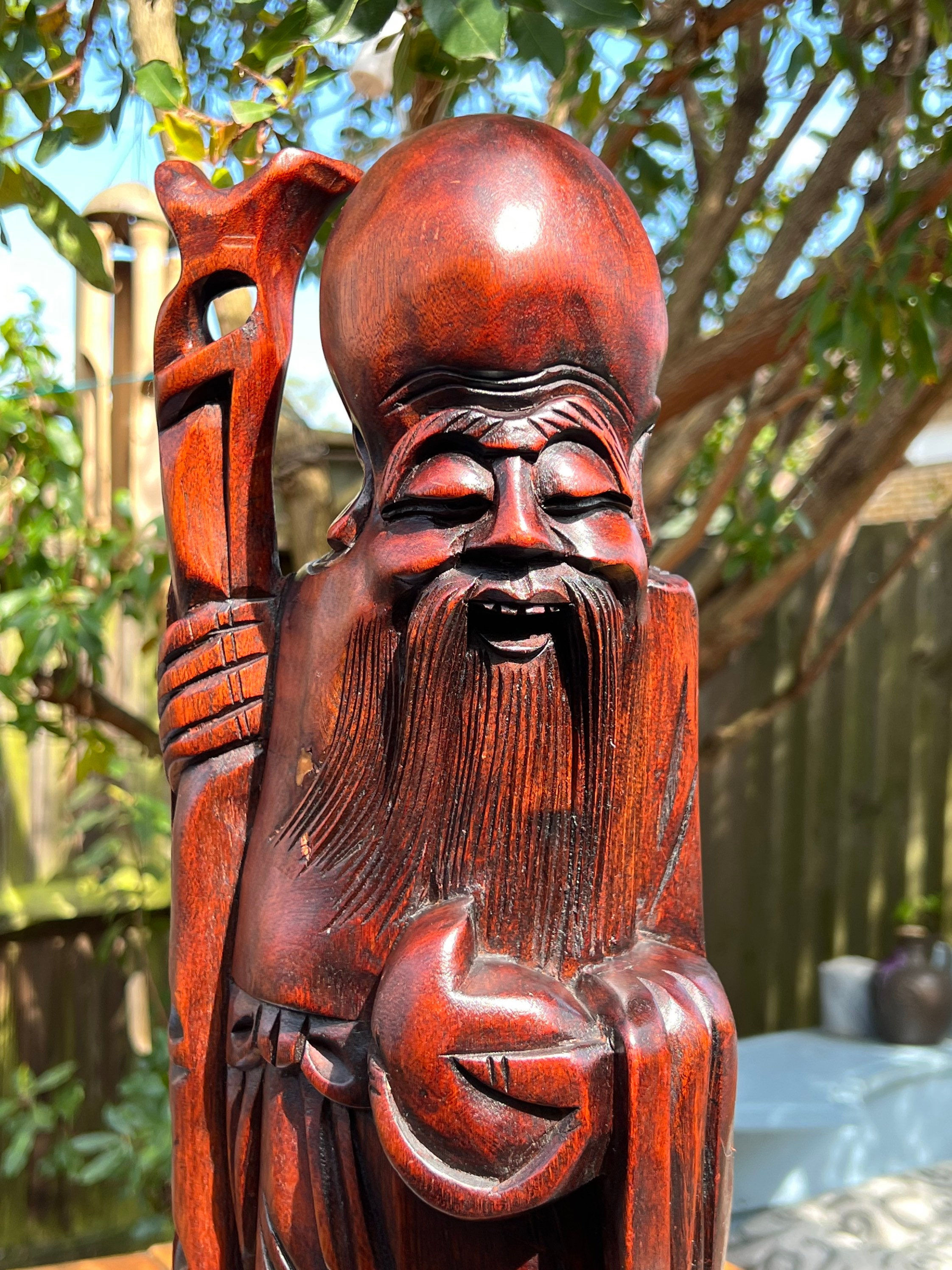 Large Carved Wooden Vintage Chinese Wise Man Immortal With Staff