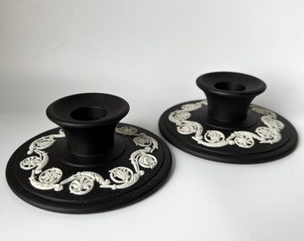 Paar Vintage Wedgwood Jaspis Schwarz Bankett Kerzenhalter Halter