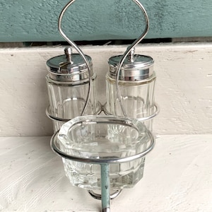 Vintage Cruet Set Crystal Glass Silver Plated Holder 3-piece Set