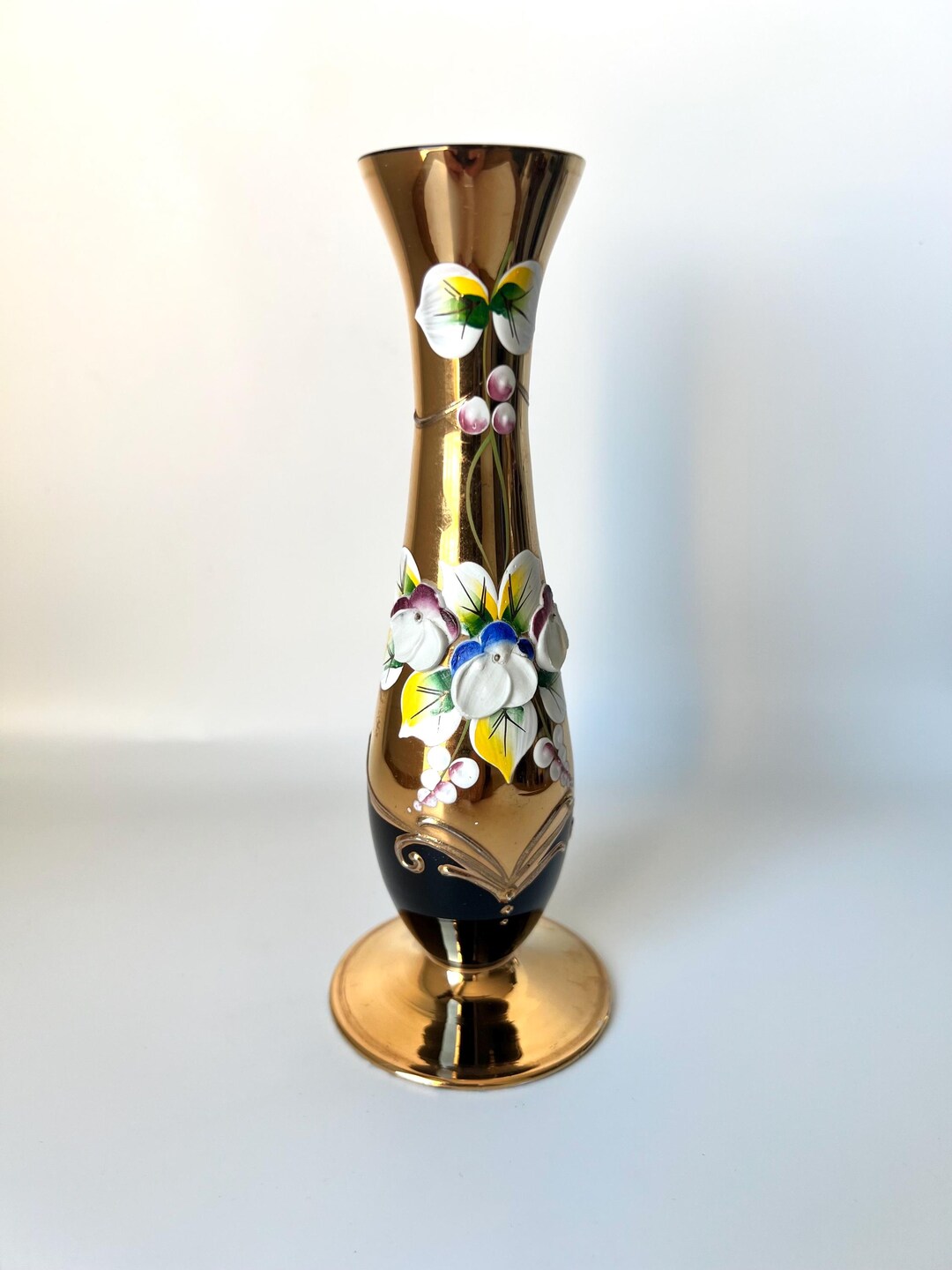 Vintage Czech Bohemia Glass Vase With Raised Enamel Decoration