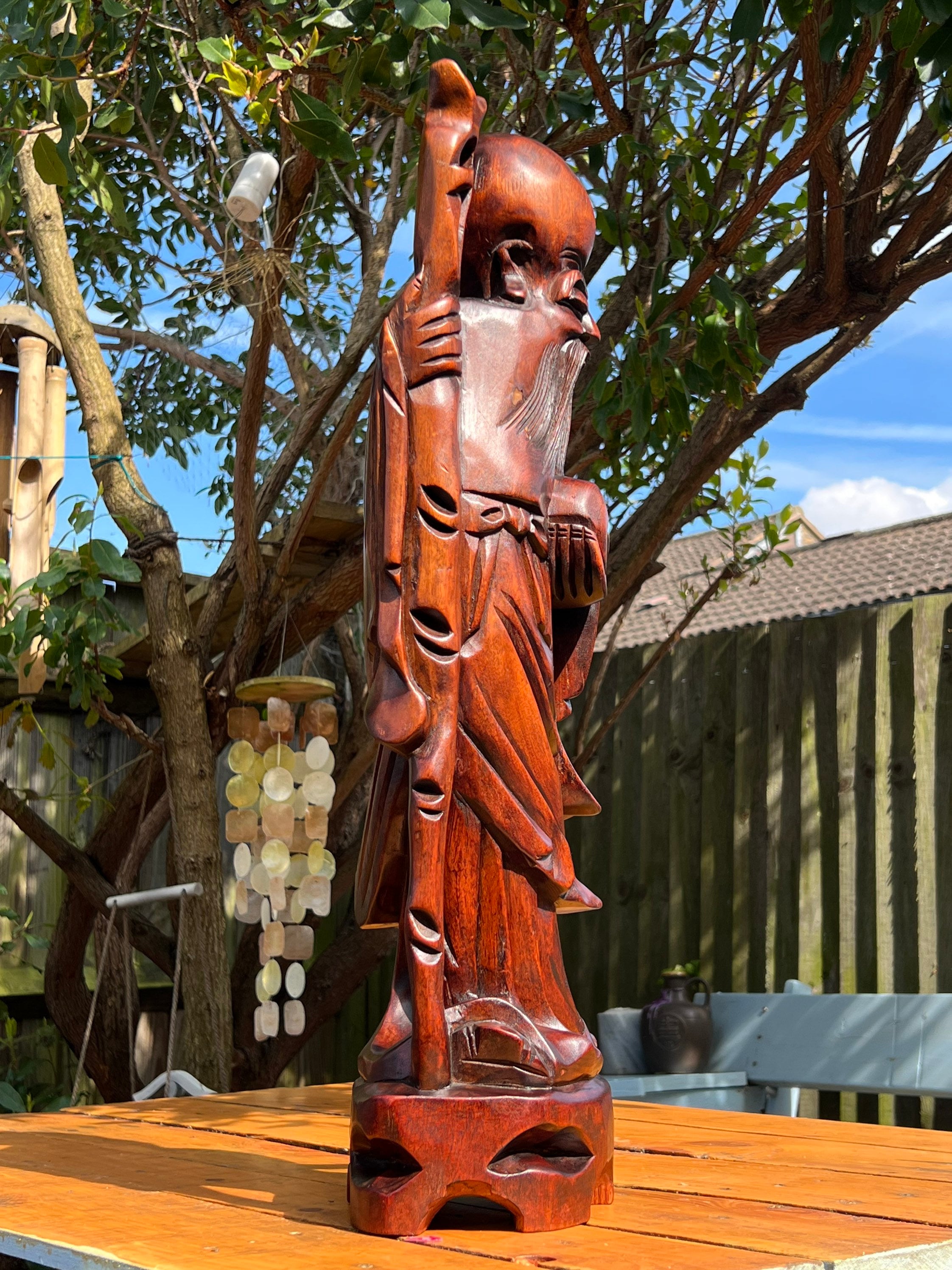 Large Carved Wooden Vintage Chinese Wise Man Immortal With Staff