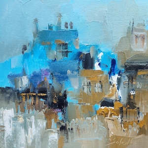 Original Abstract Oil Painting: Blue Orange Brown Cityscape (12&quot;x12&quot;)