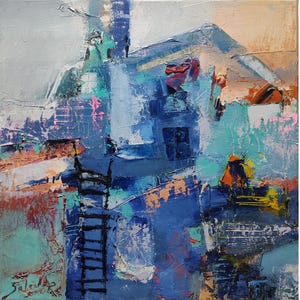 Original Oil Painting: Abstract Cityscape Art (12&quot;x12&quot;)