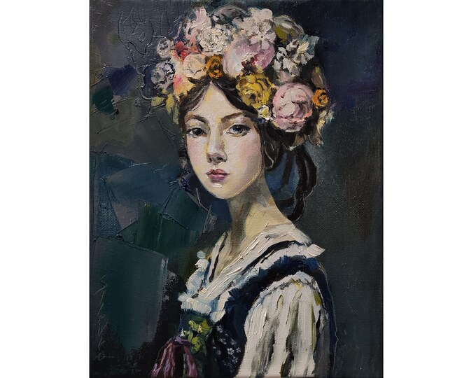 Original Oil Painting Portrait, Woman With Flowers, Impressionism Style ...