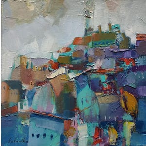 Original oil painting, Contemporary Art, Town, Cityscape,