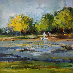 Original oil painting 12&quot;x12&quot;, Landscape, Park, Lake, water,Green, Yellow, Impressionism, Realism