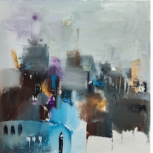 Original Oil Painting: Abstract Cityscape, Contemporary Wall Art (12&quot;x12&quot;)