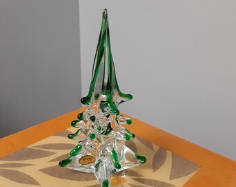 Vintage Murano Clear/Green Glass Christmas Tree w/label