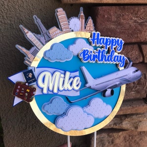 Around the World 3d cake topper /Travel 3d cake topper/ Traveler party theme/ Passport party theme/ traveler birthday Cake Topper