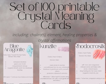 Set of 100 Crystal Meaning Cards | Editable and printable |with Chakra, Affirmation, Healing Properties and Element