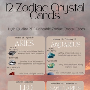 Modèle de carte de cristal du zodiaque | Cartes de signification de cristal | Cristaux du zodiaque | Signe de lune soleil levant | Modèle de zodiaque
