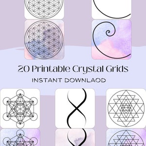 Pode incluir: Um conjunto de 20 grades de cristal imprimíveis, apresentando desenhos geométricos como a Flor da Vida, a espiral de Fibonacci e o Sri Yantra. As grades estão disponíveis para download instantâneo.
