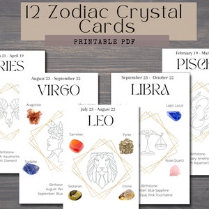 Sternzeichen Kristall Karten |Set von 12 druckbare Astrologie Karten | Sternzeichen Karten mit Geburtssteinen | Sternzeichen Kristalle | Sternzeichen Vorlage | Sternzeichen