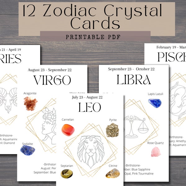 Zodiac Crystal Cards |Set of 12 Printable Astrology Cards | Zodiac Cards with Birthstones | Zodiac Crystals | Zodiac Template | Star Sign