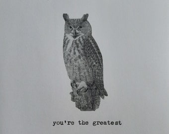 Great Horned Owl Typewritten Greeting Card | Love | Animal | Valentine's Day | Vintage Style Card | Typed on Antique Underwood Typewriter