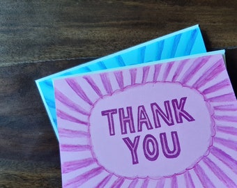 Set of 5 Thank You Cards | Hand-Printed & Painted | Bright Pastels | Multicolour | Drawing | Watercolour | Hand-Carved Print Block