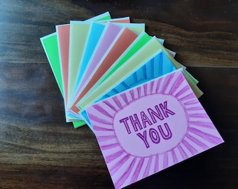 Set of 10 Thank You Cards | Hand-Printed & Painted | Bright Pastels | Multicolour | Drawing | Watercolour | Hand-Carved Print Block