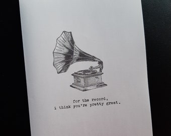 Gramophone Typewritten Greeting Card | Love | Friendship | Valentine's Day | Vintage Style Card | Typed on Antique Underwood Typewriter