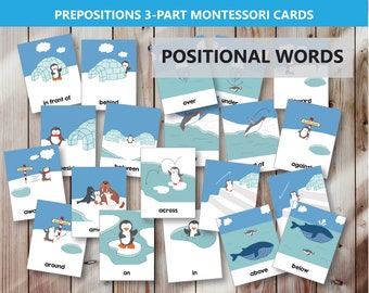 Prepositioner 3-delade Montessorikort, utskrivbara positionsordsflashkort för förskolebarn småbarn, hemundervisning, förskoleklass