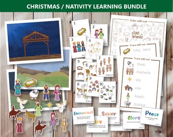 Christmas Nativity Learning Set Printables | Bible Verses | Flashcards | Tracing | Coloring | Nativity scene | Preschool PreK | Toddler kids