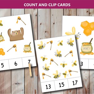 Cartes de comptage et de clip | Thème du miel des abeilles de printemps | Reconnaissance des nombres 1-20 | Flashcards Counting Preschool Toddler PreK Learning Printables